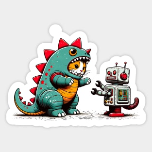 Funny Catzilla vs. Robot Cat Humor T-Shirt and Sweatshirt Sticker